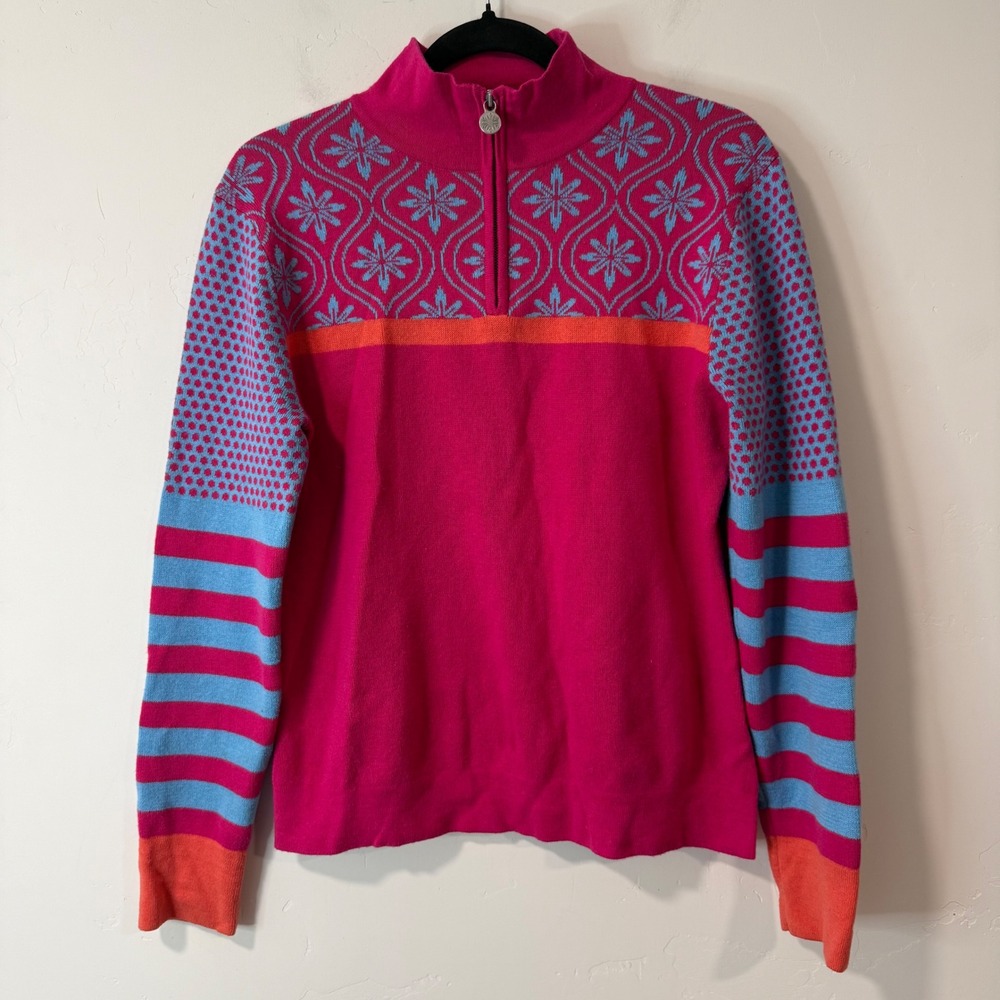 Neve Womens Quarter Zip Sweater M Pink Snowflake Stripe Polka Dot Cotton Wool